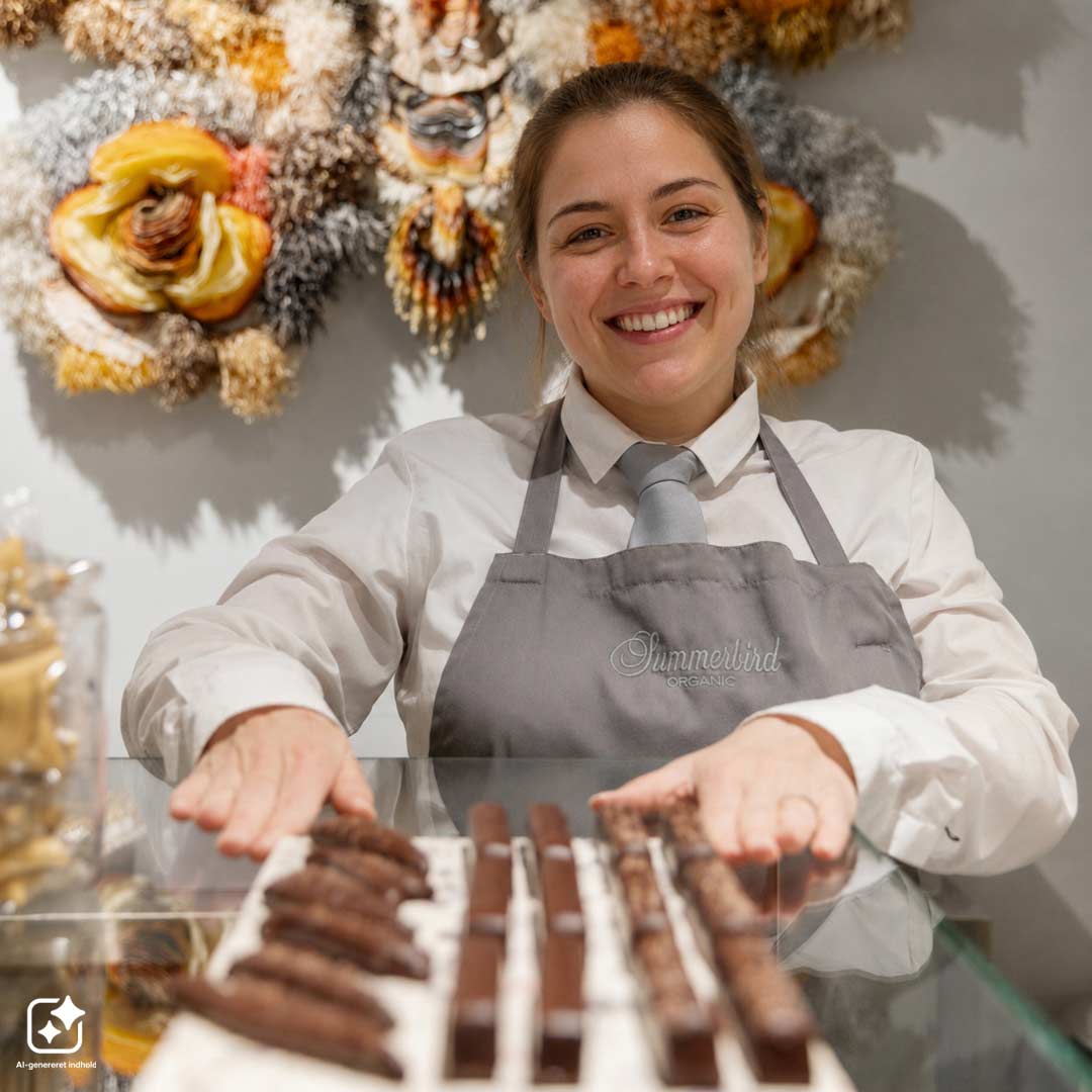Medarbejder fra Summerbird på Frederiksberg, sætter fad med chokolade frem.